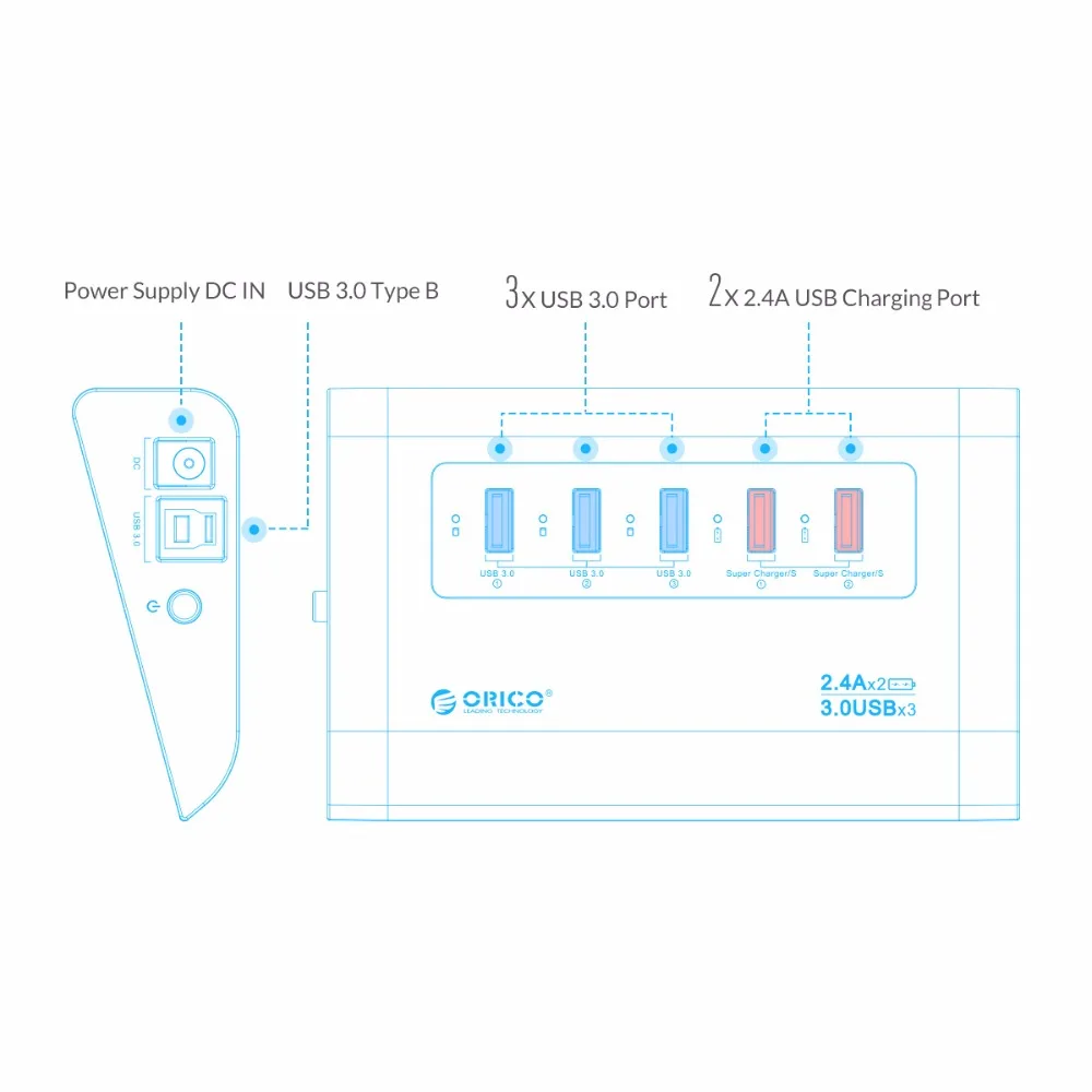 Концентратор USB 3,0 ORICO из алюминиевого сплава с 2 usb-портами для зарядки легко подключается к устройствам с адаптером питания для мобильных телефонов/планшетов