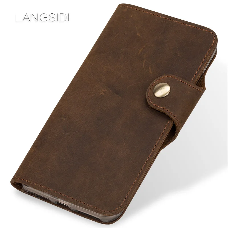 

LANGSIDI Crazy horse phone case For Xiaomi Mi 6 8 8 SE A2 Mix 2 Genuine Leather Flip cover button Lanyard cover