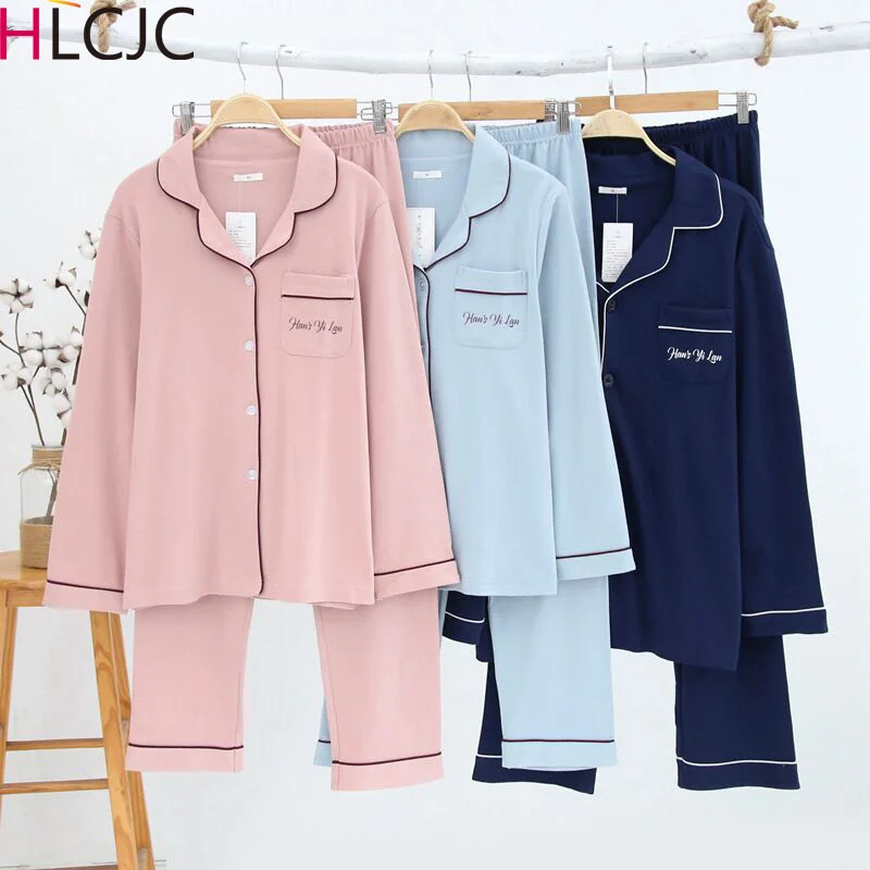 

High-quality Spring Autumn Two Piece Pyjamas Couple Pajamas Cotton Home Suit Female Male Long Sleeve Sleepwear Pijama Lounge Set