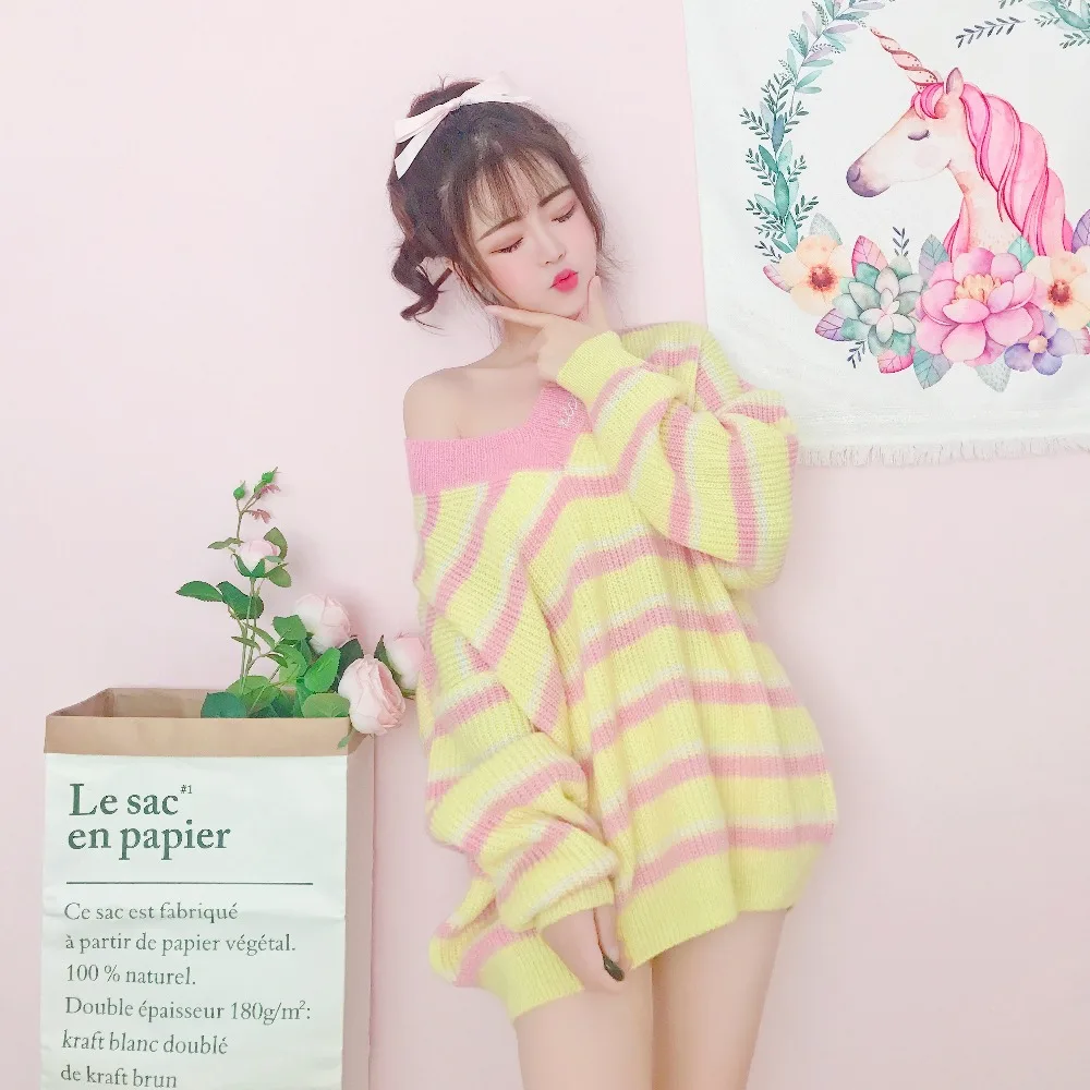 

Princess sweet lolita sweater Autumn and winter sweet lovely V-neck striped knitted sweater soft and gentle sweater XH084