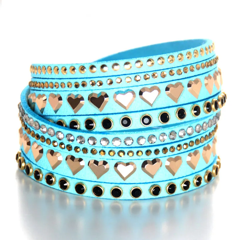 light blue Модный Ретро многослойный длинный кожаный браслет с намоткой и заклепками, браслет с кристаллами в виде сердца, Женские Ювелирные изделия, Бижутерия Pulseira - Окраска металла: light blue