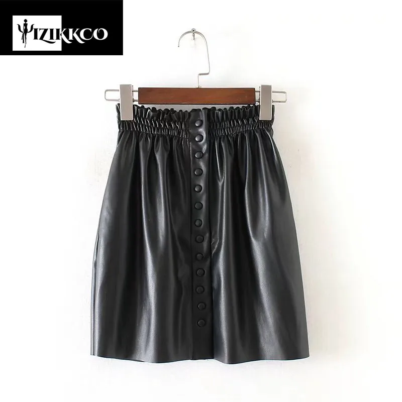 Women leather mini skirts pockets buttons elastic waist European style