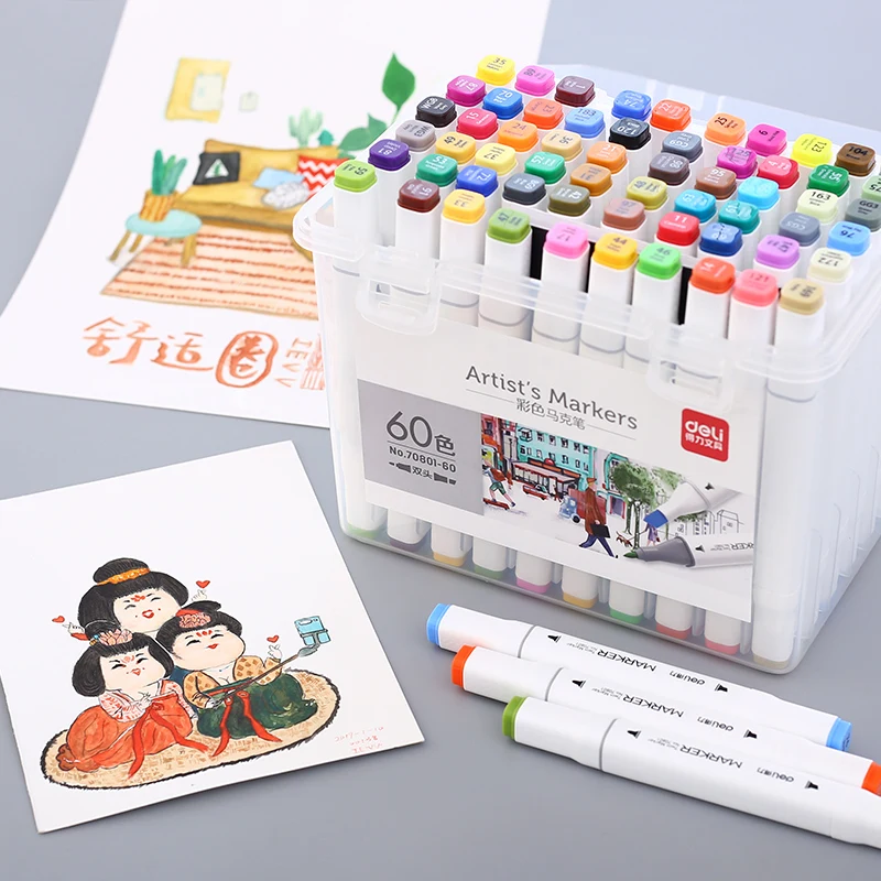 

60 Colors Deli Art Marker Brush Set Dual Headed Oily Alcohol Based Animation Manga Drawing Design Sketch Pen Stationery Supplies