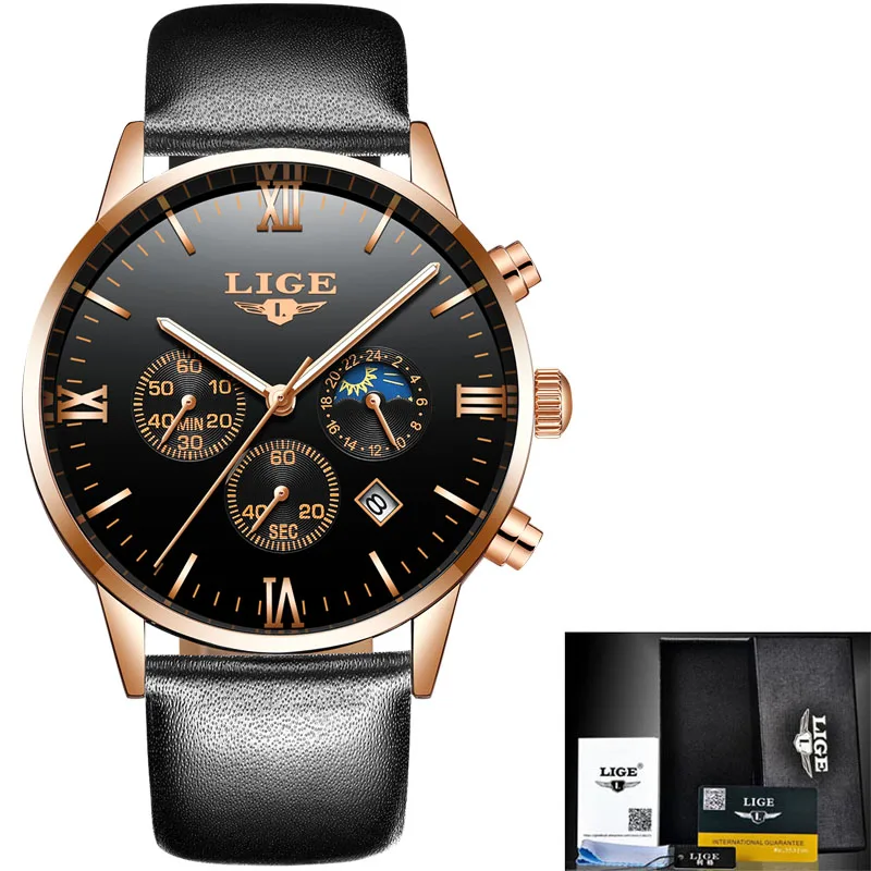 Мужские часы люксовый бренд LIGE многофункциональные мужские спортивные кварцевые часы мужские Водонепроницаемые кожаные деловые часы мужские наручные часы - Цвет: gold black leather