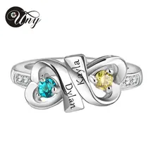 UNY 925 Sterling Silver Special Customized Engrave Gold Plated Personalized Family Valentine’s gift Heart Shape Birthstone Ring