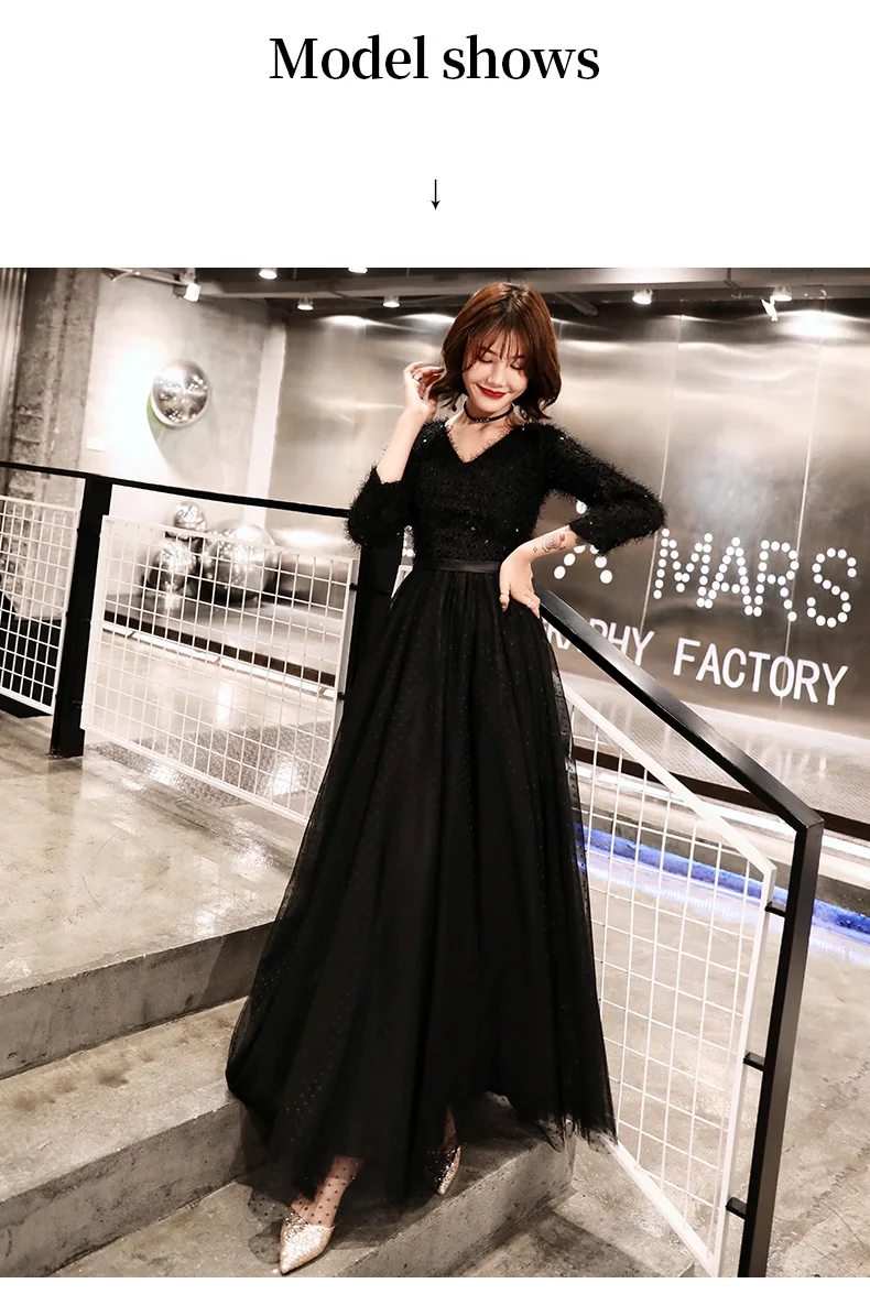 Weiyin 2019 Длинные вечерние платья черные женские элегантные v-образный вырез с длинным рукавом с блестками вечерние платья WY1273