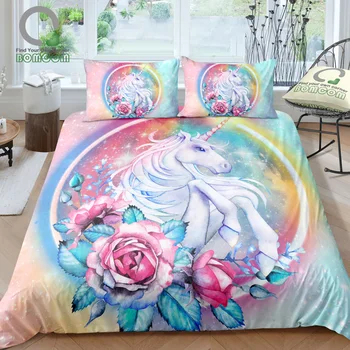 

BOMCOM 3D Digital Printing Watercolor Pastel Colored Unicorn Rose Vignette Galaxy Stars Bedding Set 100% Microfiber Rainbow