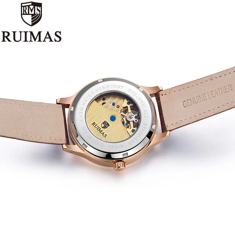 Ruimas Мужские механические часы Tourbillon Роскошные модные брендовые кожаные мужские