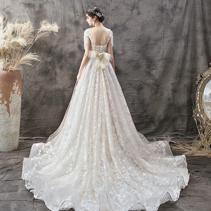 SSYfashion класса люкс с v-образным вырезом с короткими рукавами и кружевами на спине бальное платье развертки Поезд Кружева Свадебное платье на заказ; Большие размеры Vestido De Novia