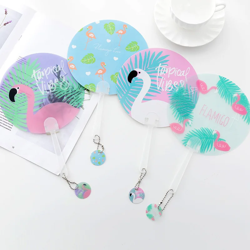 

1Pcs Cartoon Round Plastic Handle Fans Flamingo Avocado Tropical Theme Fans Portable Summer Hand Fan Birthday Party Favors