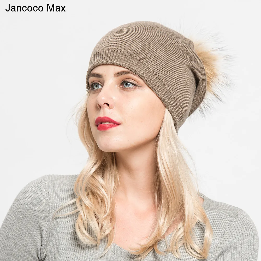 Jancoco Max 2019 зимние женские шапки с помпоном из натурального меха енота высокого