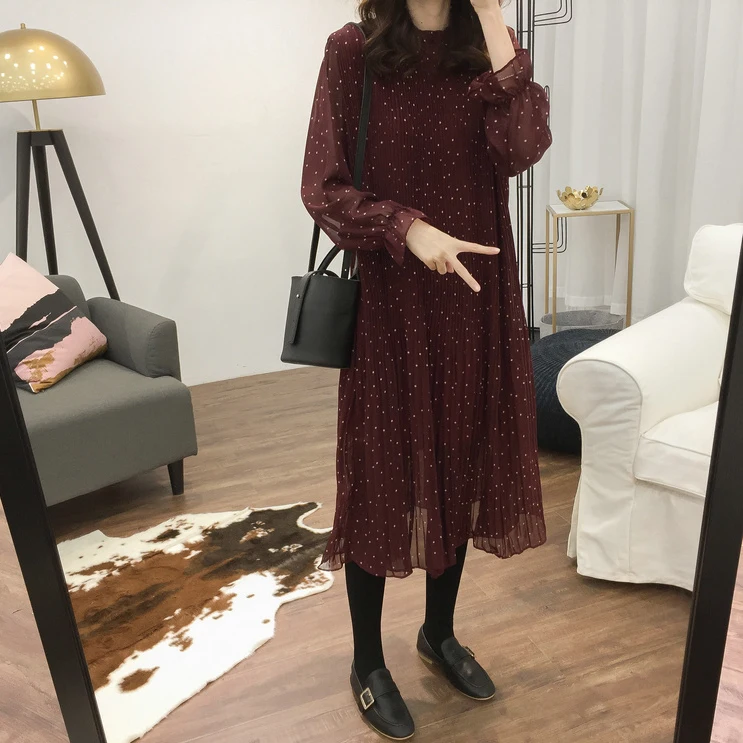 

Daily Apparel Long Sleeve Dress 2019 Spring Fashion Casual Polka Dot Print Ruffle Mock Neck Pleated Midi Chiffon Dress for Women