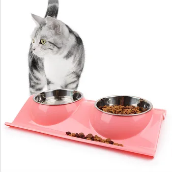  Free shipping Pet Accessories Stainless Steel Double Bowl Pet Dog Dish Feeder Tool Pet Cat Bowl drink basin supplies