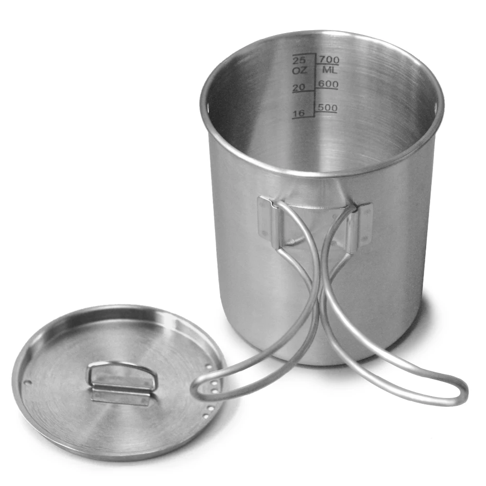 

700ml Outdoor Stainless Steel Cup Mug Pots Tableware Camping Cup Picnic Water Cup Mug of Coffee Tea with Lid and Foldable Handle