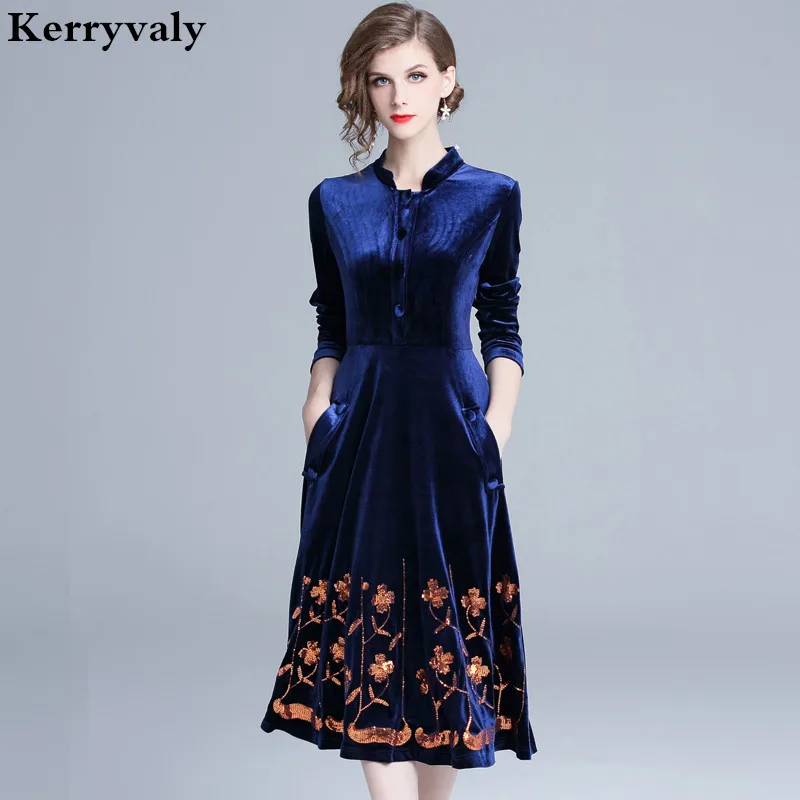 

Women Sequined Embroidered Velvet Winter Dress Robe Femme Hiver 2019 Long Sleeve Midi Party Dress Dames Jurken Robe Noel K6213