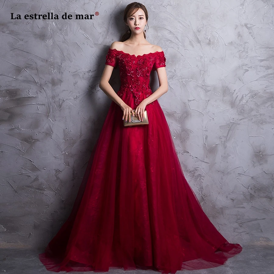 

Wedding guest dress2019 new lace beaded Boat Neck short sleeve A Line burgundy bridesmaid dress long vestido madrinha