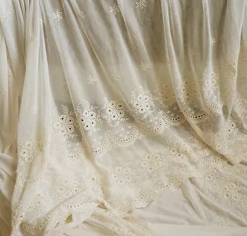 

cream cotton embroidered lace fabric, tulle lace fabric, mesh lace, wedding decorations, 10 yards