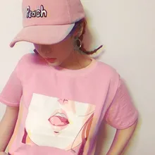 Tee Shirt Femme 2017 Lip Sexy TShirt Kawaii Korea Ulzzang Harajuku Printed Women Pink T-Shirts Casual Loose Short Sleeve Tops