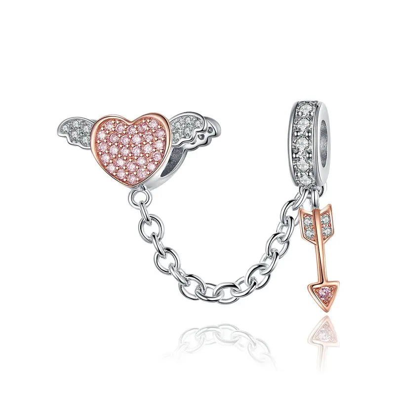 

MOWIMO Pink Heart Arrow Safety Chain Beads 925 Sterling Silver Zircon Charm Fit Original Pandora Bracelet Jewelry Making BKC1208