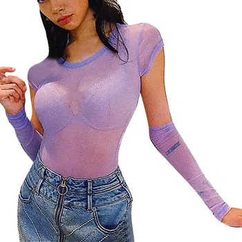 Bodysuit Women Fashion Summer Solid Mesh Hollow Out O-Neck Short Sleeve Body Feminino Para Mulheres Bodysuit Blouse Tops