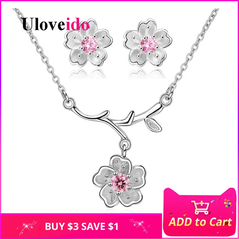 

Uloveido Silver Color Wedding Cherry Blossoms Sakura Flower Jewelry Sets Woman Earrings and Necklace Jewelry Set 10% Off DT340