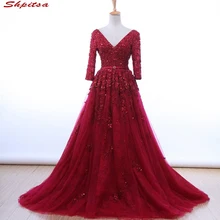 Красные кружевные Выпускные платья с длинными рукавами тюль бисером вечерние платья vestido formatura longo