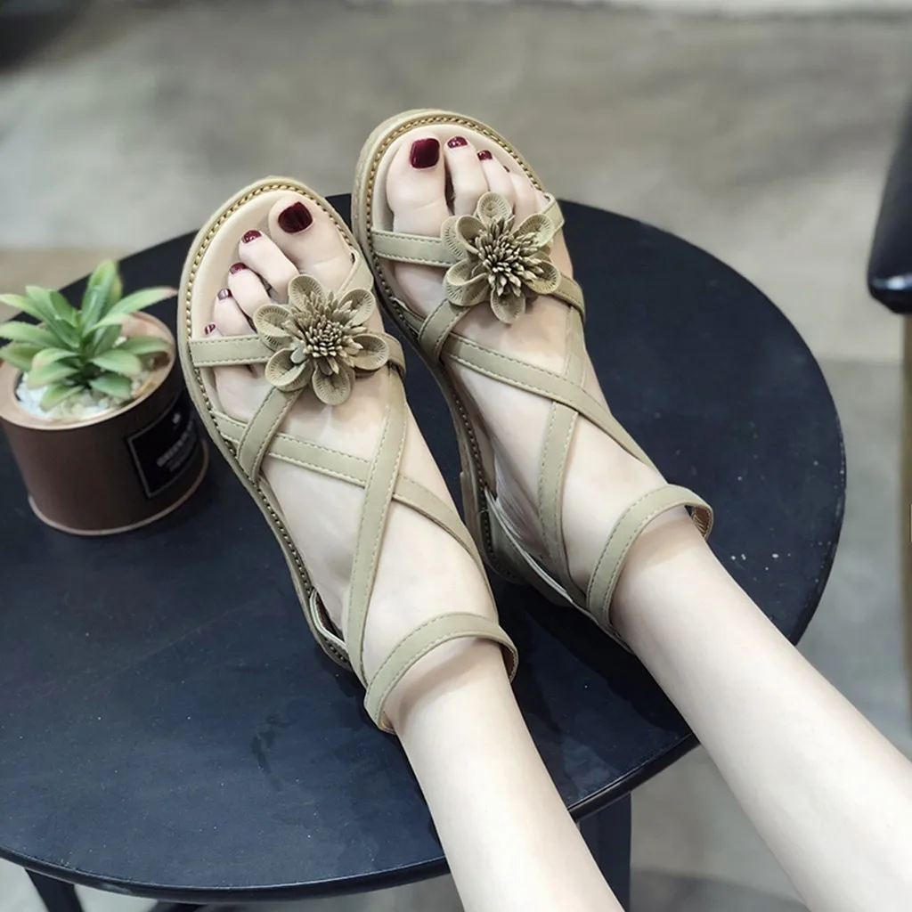 

bohemia flat sandals for women Ankle Strap Zip Flower Roman flat platform sandals woman Elastic Slider leather sandals women#G50