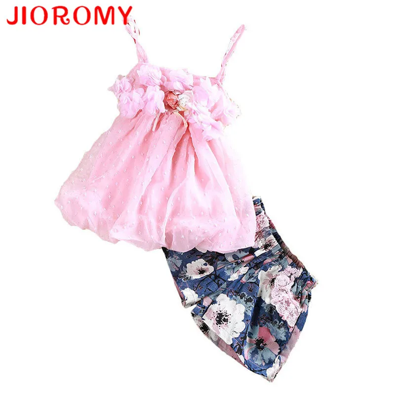 

JIOROMY Summer Hot Girl Suits Sling T-shirt + Shorts 2 Pieces Petal Chiffon tops Floral Pants Children's Flower Set Fashion
