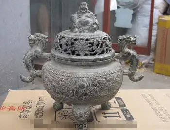 

China Buddhism Dragon phoenix Maitreya Buddha Old Bronze Copper Incense Burner