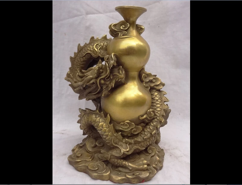 

hui88K845<<<8" Chinese Pure Brass Decoration Cloud Fly Dragon Twining Gourd Cucurbit Statue