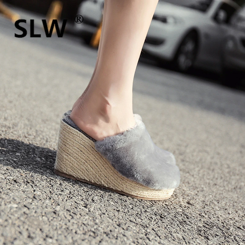 

Shoes Slippers Fur Slides Platform Women Heels Cover Toe Med Socofy Flock On A Wedge Plush Sliders 2019 High