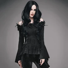EVA леди стимпанк сексуальная с открытыми плечами футболка готический черный с расклешенными рукавами Кружевная футболка Топы с розами воротник