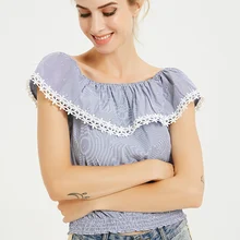 Women Blouses 2019 Streetwear Blue Slash Neck Ruffles Print Ladies Shirts Short Sleeve Women's Tops