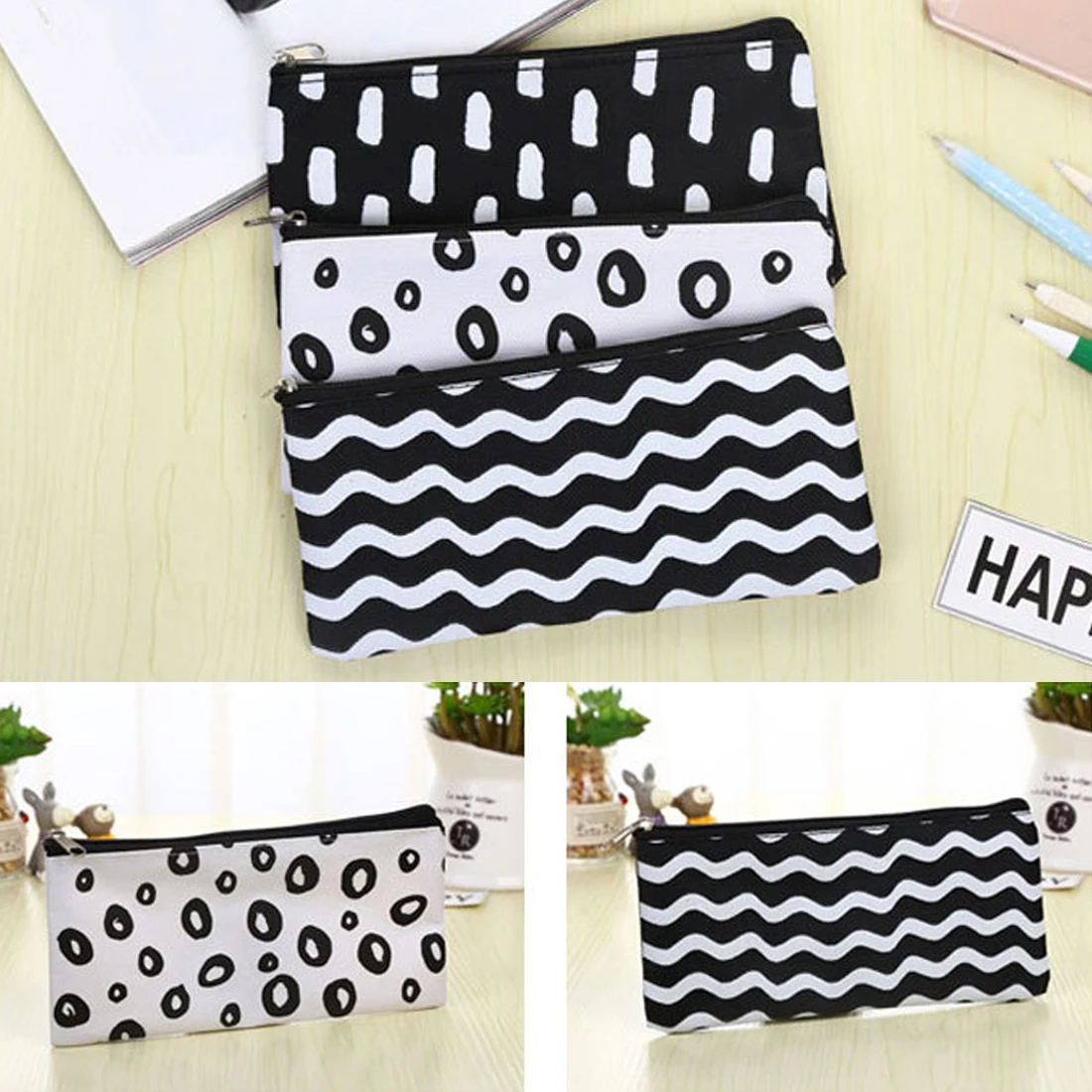

FangNymph Simple Stripes Canvas Pencil Case Cosmetic Pouch Pen Bag Office School Stationery Supplies Black and White Pencil Bag