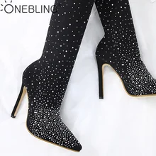 OneBling размера плюс с украшением в виде кристаллов из эластичного материала, плотные сапоги на высоком каблуке Острый носок тонкий каблук Сапоги выше колена Для женщин носки под ботинки