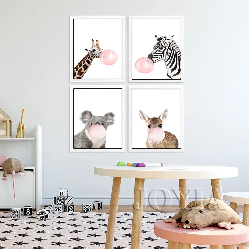 

Lovely Animal Prints Posters Nordic Animals Pink Bubble Pictures Canvas Art For Kids Room Nursery Baby Girl Bedroom Wall Decors