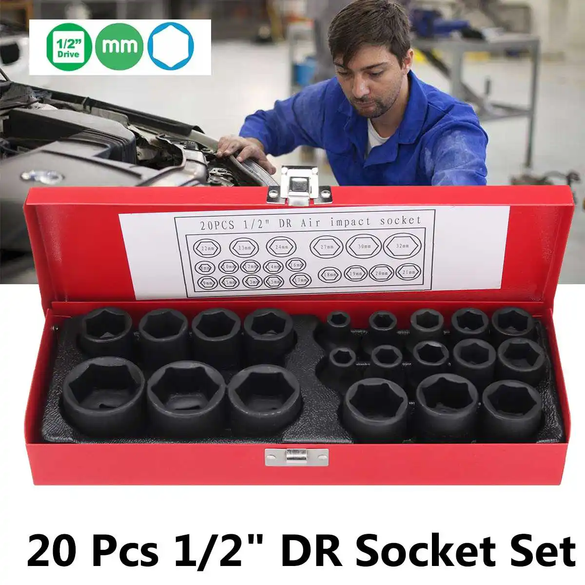 16Pcs 1//2 Inch Drive Air Hex Bit Socket Set Repair Tool Kit 10MM-32MM