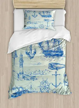 

Nautical Anchor Duvet Cover Set Whale Sail Boat Steering Wheel and Old Lighthouse Fishing Theme Sketchy 4 Piece Bedding Set