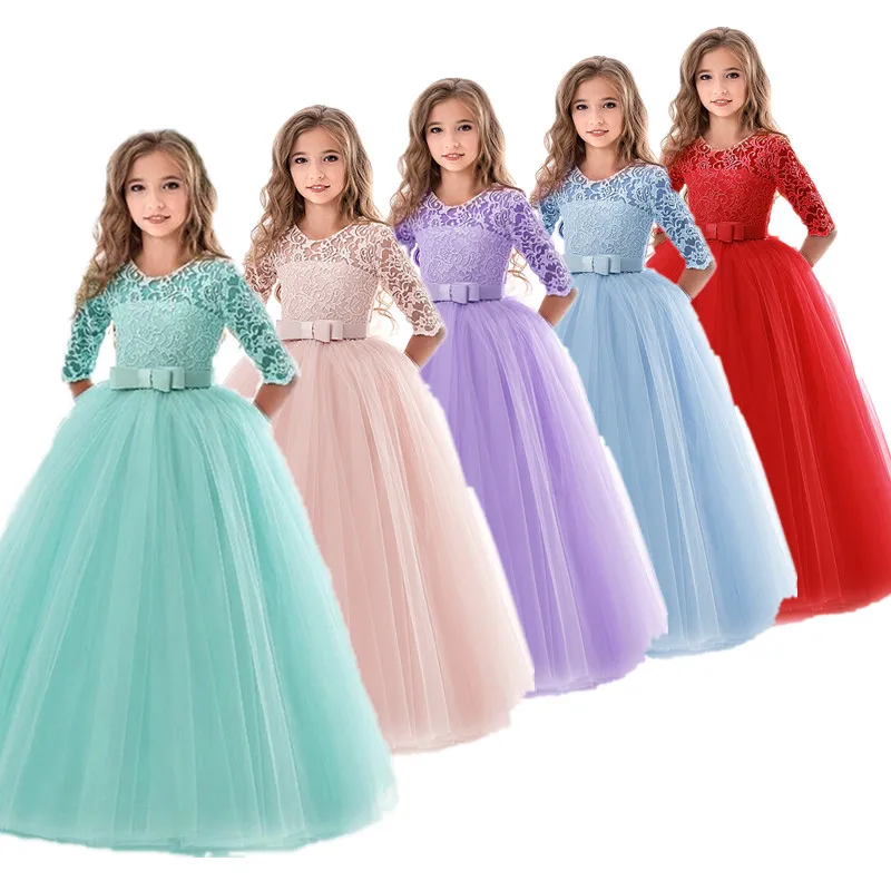 

New Princess Lace Dress Kids Flower Embroidery Dress For Girls Vintage Children Dresses For Wedding Party Formal Gown 6 14T