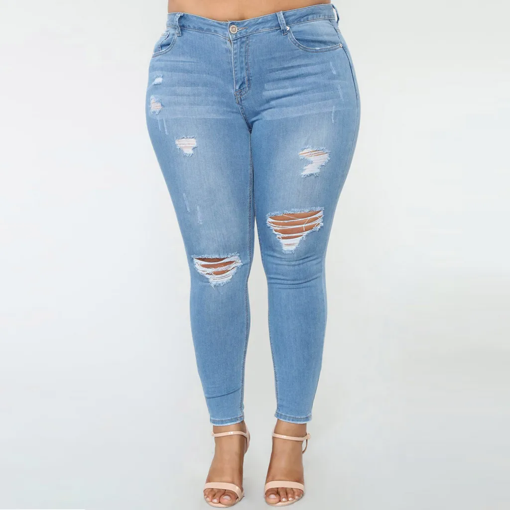 

Women Medium Waist Pockets Holes Denim Skinny Long Jeans Plus Size Pants Cowboy