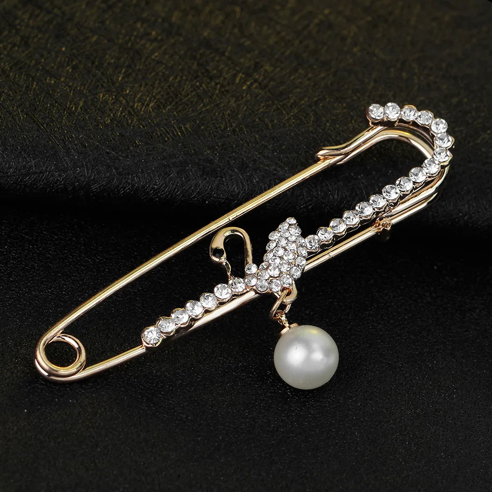 Crystal Rhinestone Safety Pin Pearl Pendant Brooch Scarf Shawl Hijab Pin