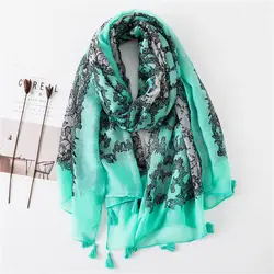 Для женщин испанского бренда Ленточки шарф Printe цветочные кружева вискоза шарфы Обёрточная бумага длинные платки хиджаб мусульманский