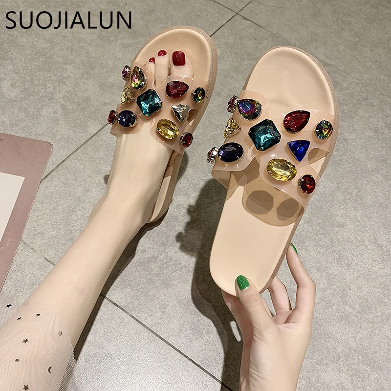 

SUOJIALUN Rhinestone Women Slippers Flip Flops Summer Slides Women Shoes Crystal Diamond Bling Beach Slip On Casual Flip Flop