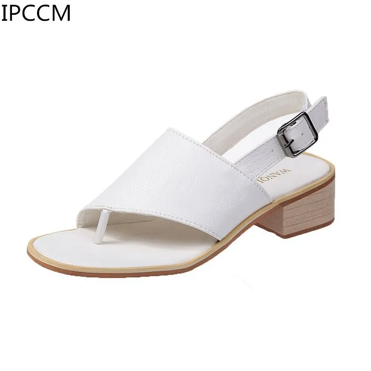 

2019 Spring And Summer New Sandals Ladies Fashion Belt Buckle Solid Color Clip Toe Simple Elegant Sweat-absorbent Lightweight