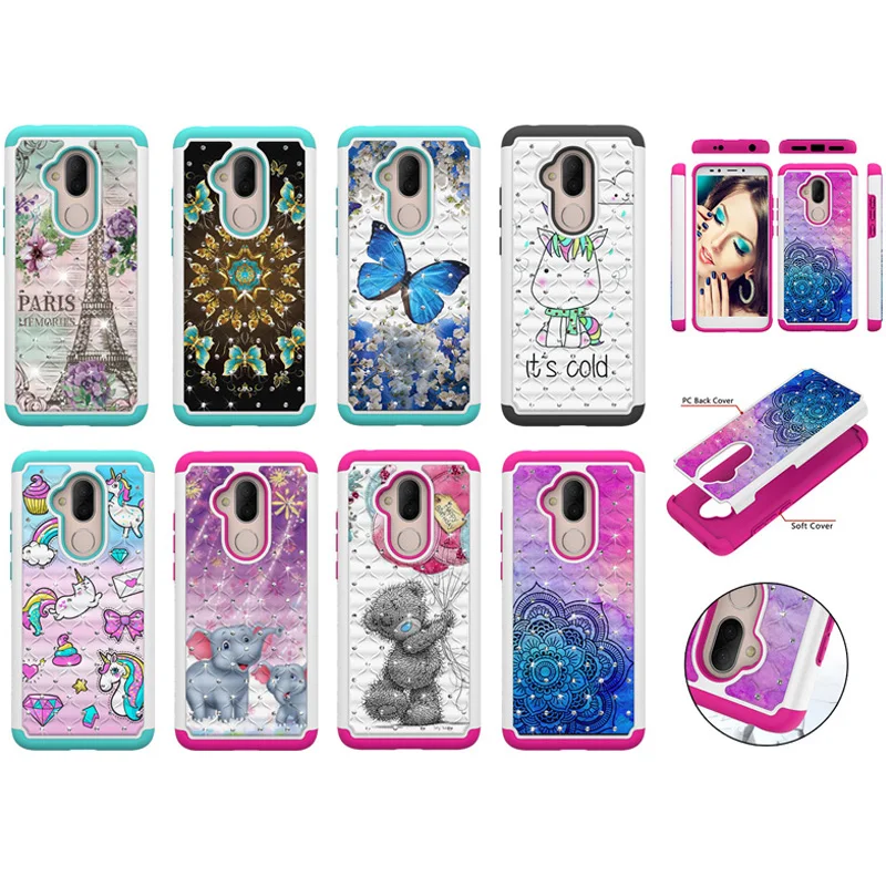 

Bling Rhinestone 2in1 PC+TPU Case Shockproof Phone Silicone Cover Shell Coque Funda for Alcatel 7 Folio Revvl 2 Plus 7 2018