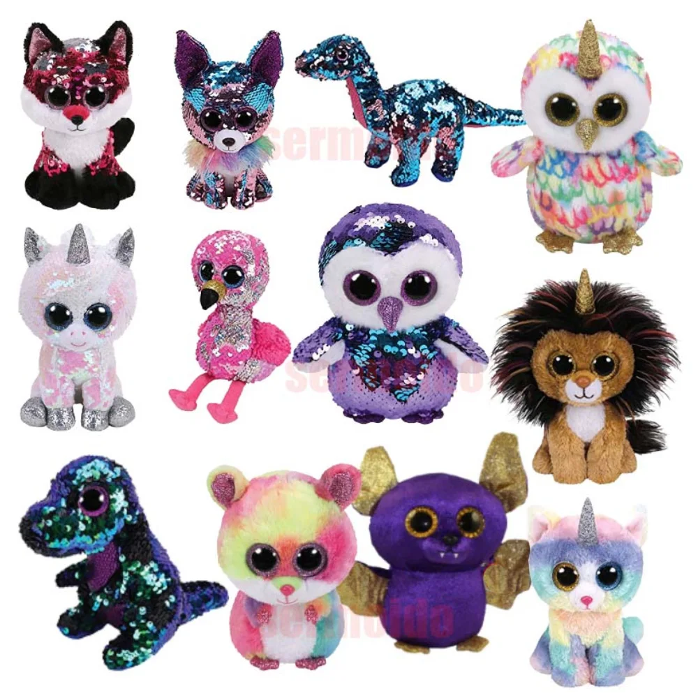 Ty Beanie Boos 6'' 15cm SPARKLE Sequin Unicorn Fox Owl Dinosaur Plush Regular Soft Big-eyed Stuffed Animal Collection Doll Toy