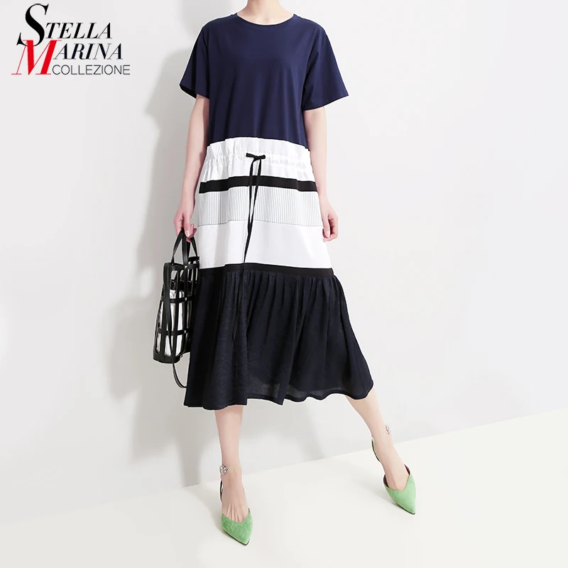 

2019 Women Summer Patchwork Kawaii A-Line Sundress O Neck Short Sleeve Female Cute Wear Casual Midi Sun Dresses Robe Femme 5039