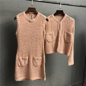 

Spring 2019 Women Set Pink Knitted Cardigan Full Sleeve Coat + Mini Skirt Hollow Out Skirt Suit with Pocket O-neck