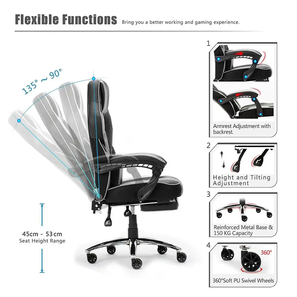  Executive chair Faux Leather Office Gaming Chair Thick Padded Extendable Racing Gaming Chair with F