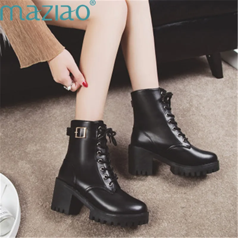 

Sock Boots Lace Up Thick Heel Belt Buckle Metal Decoration Ankle Boots for Women Platform Martin Boots MAZIAO